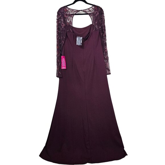 Adrianna Papell Beaded Mermaid Dress Gown Sz 16 Burgundy Mesh Sleeves Formal - Picture 4 of 16
